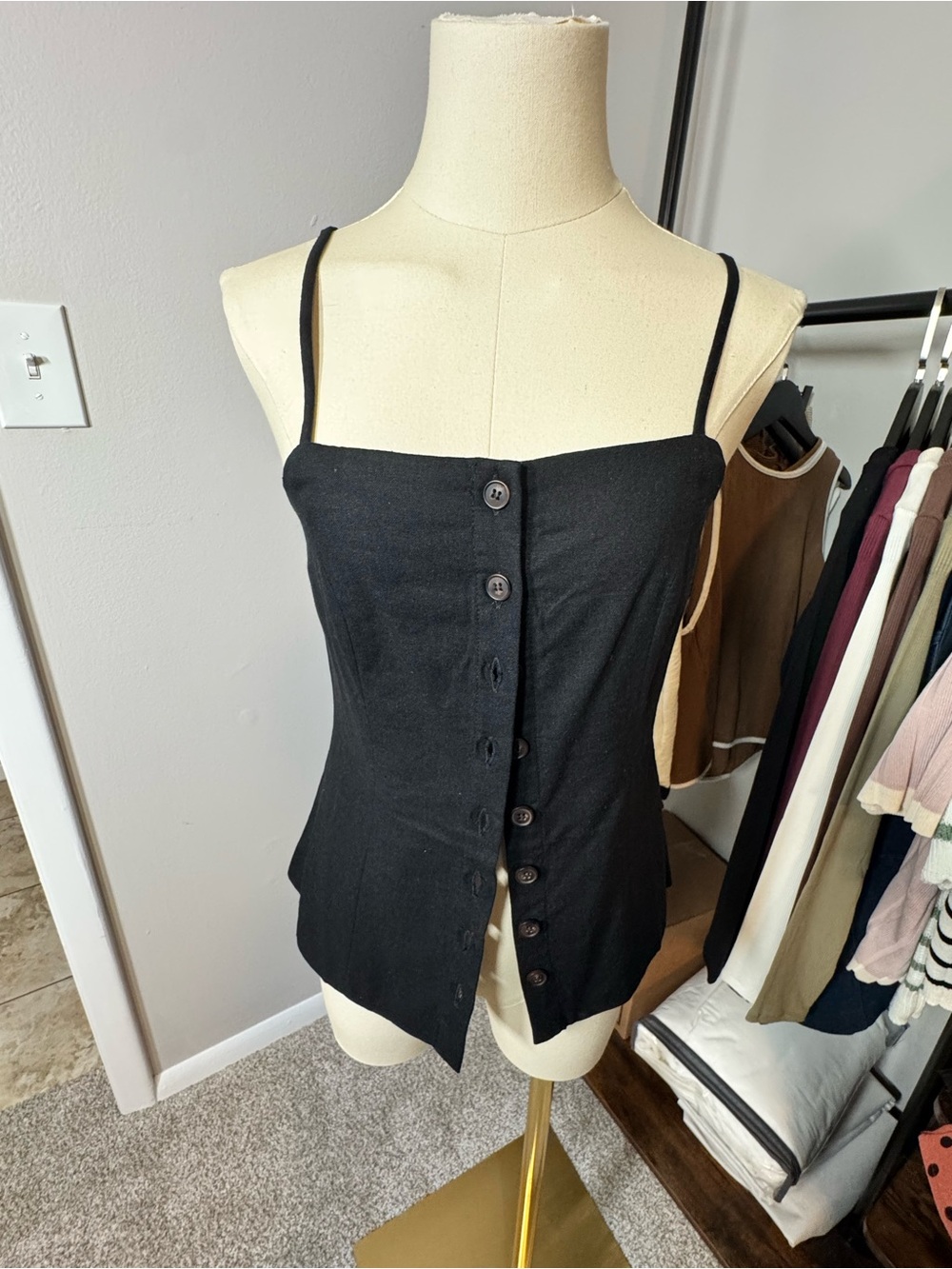 Black Button-Front Spaghetti Strap Women’s Top